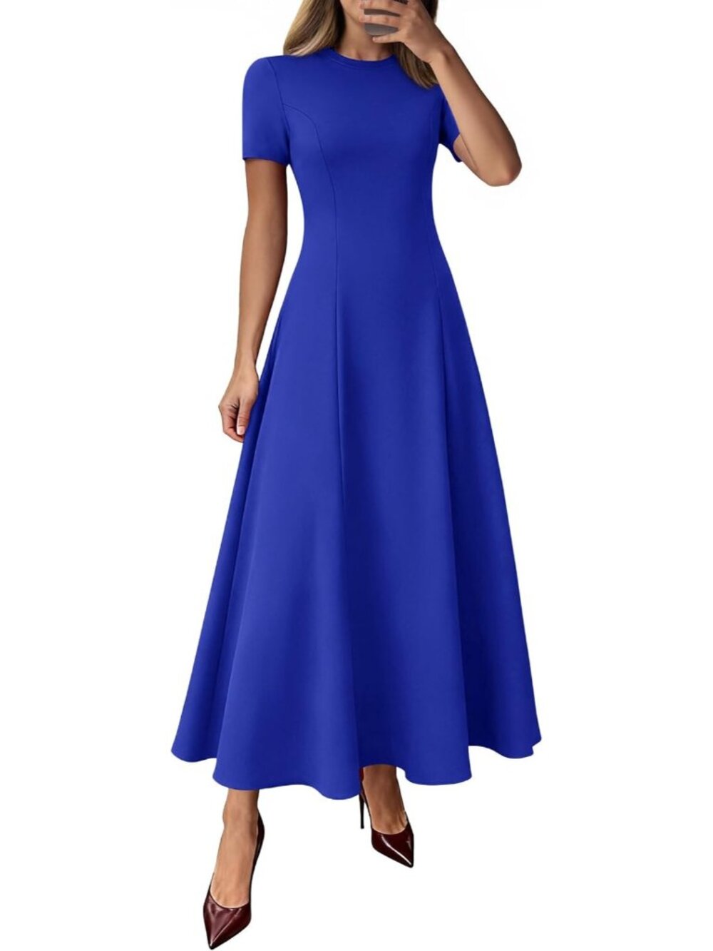Women's Royal Blue Crewneck Short Sleeve A Line High Waist Wedding Maxi Dresses